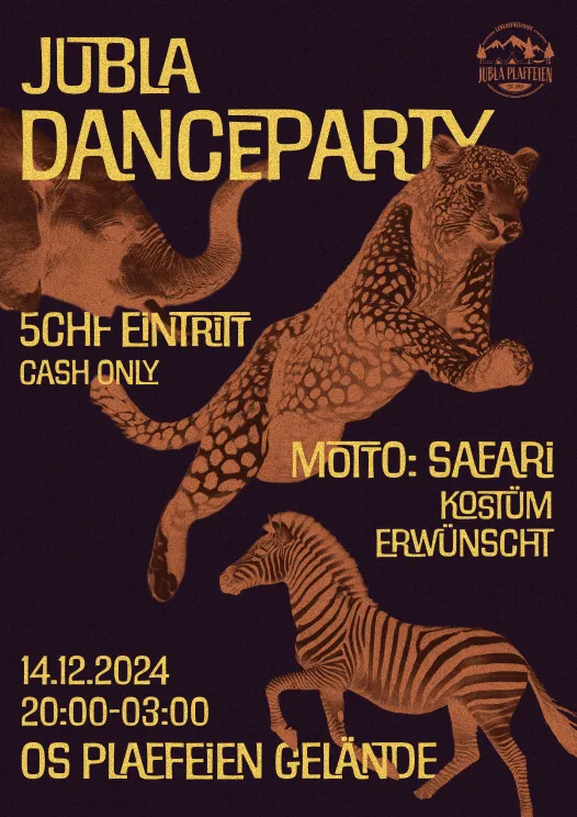 Flyer for a dance party, with various safari animals on it.