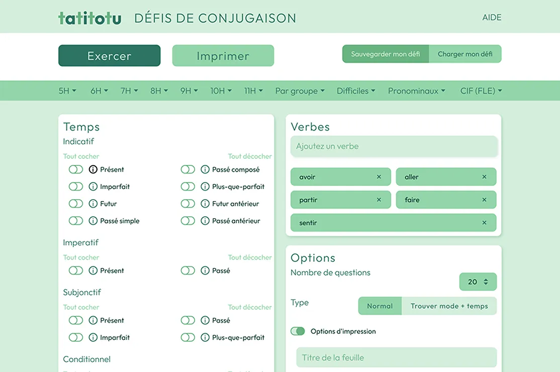 Layout of a website for conjugating French words.