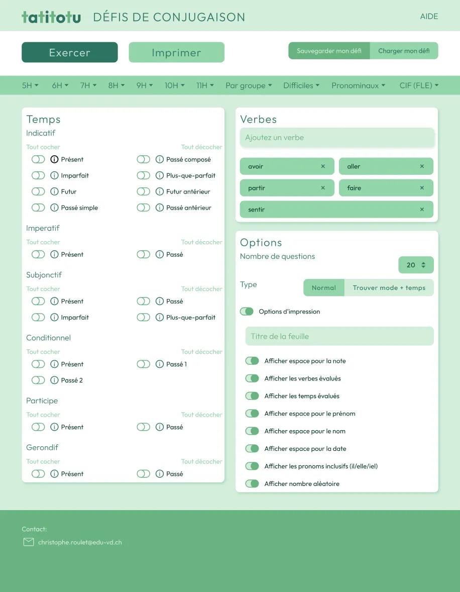 Layout of a website for conjugating French words.